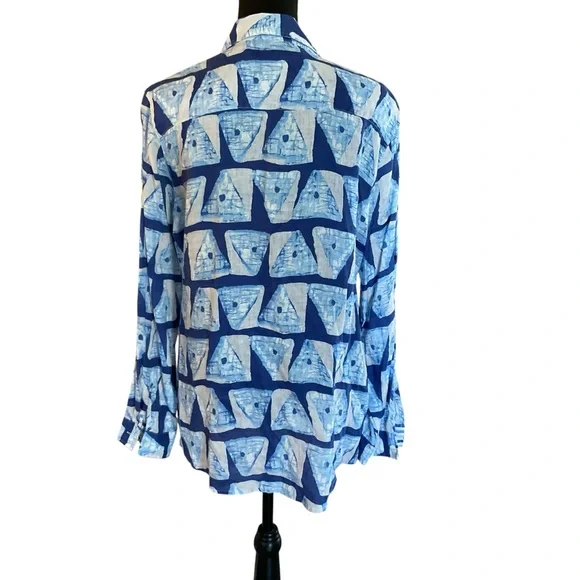 J. McLaughlin 100% Linen Blue Abstract Print Button Front Shirt Size L - Picture 4 of 8